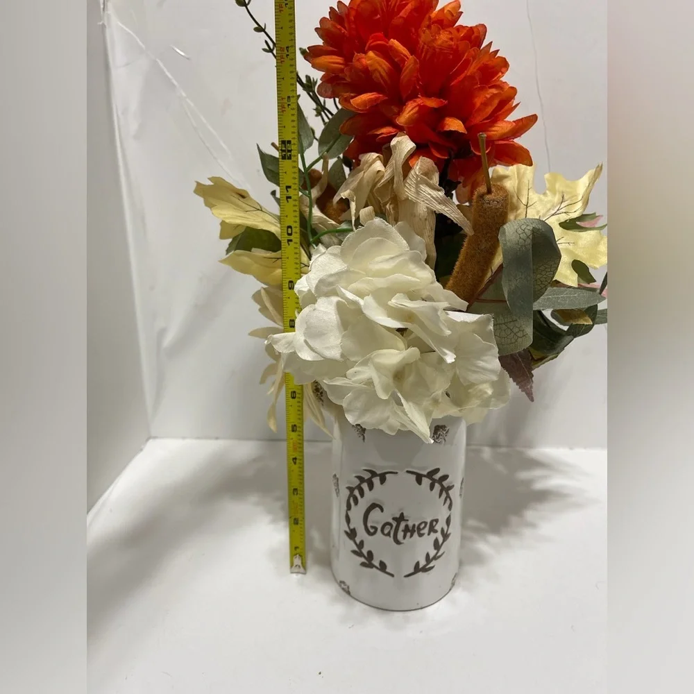 Faux Floral Arrangement with Orange and White Blooms in White Container